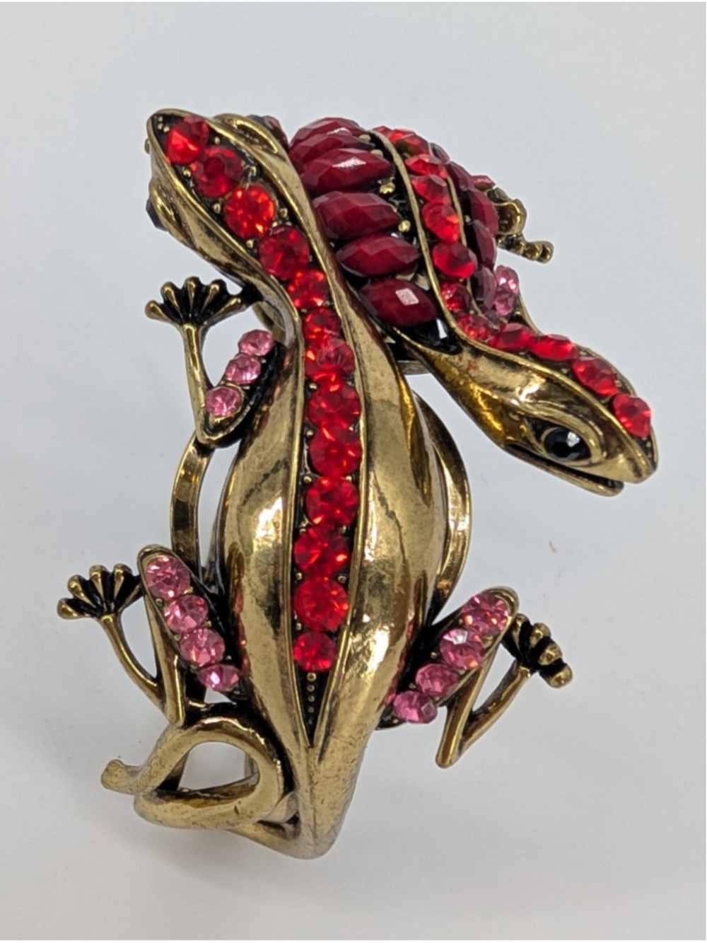 Lizard Rhinestone Hinged Cuff Bracelet Red Pink Gold Tone Statement Signed SDLZ